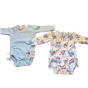 RuffleButts Baby Girl 12-18M Rash Guard Swimsuit Set Seersucker Floral 2 Pack